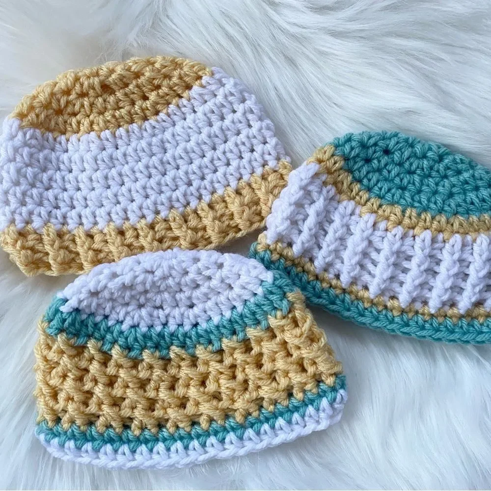 Newborn Baby Crochet Hat Set of 3 Yellow Grey Mint Green 0-3